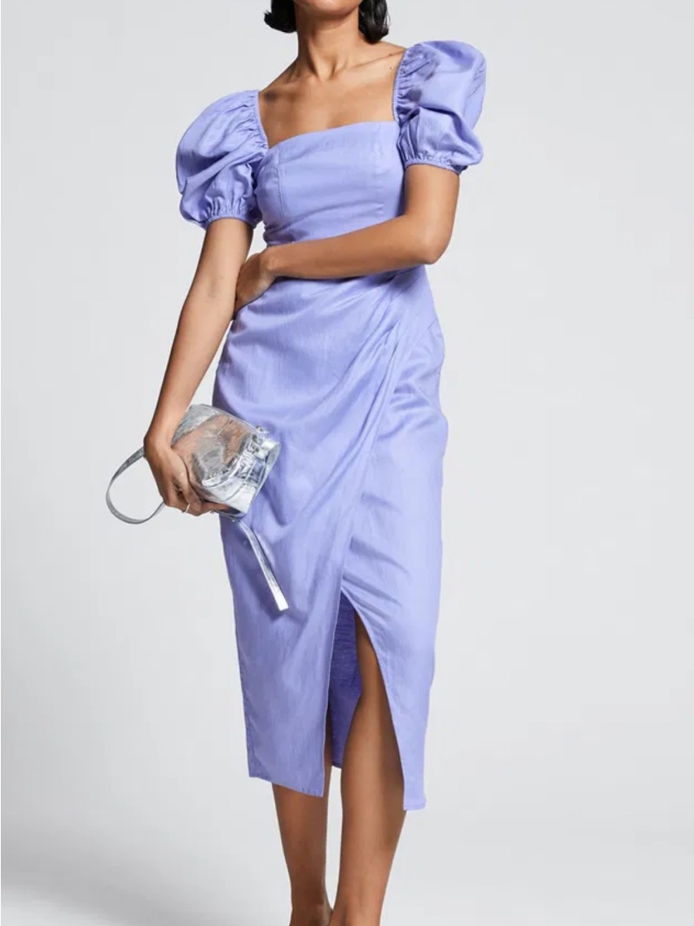 & Other Stories Fitted Asymmetric Puff Sleeve Dress. Linen. Square Neck. Midi